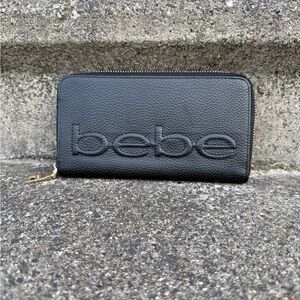 Bebe Textured Black Wallet with Gold Accent
